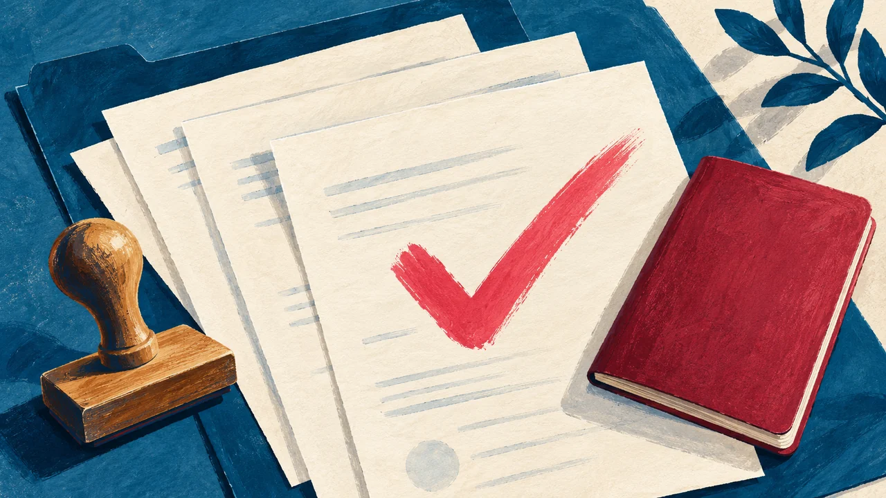 Ilustración de documentos, un sello y un pasaporte junto a una marca de verificación.