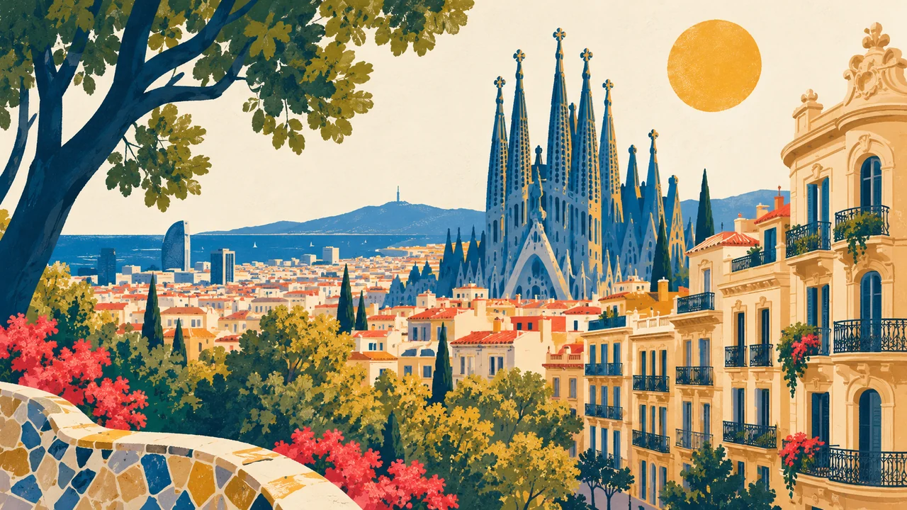 Ilustración de Barcelona con la Sagrada Familia y fachadas con balcones.