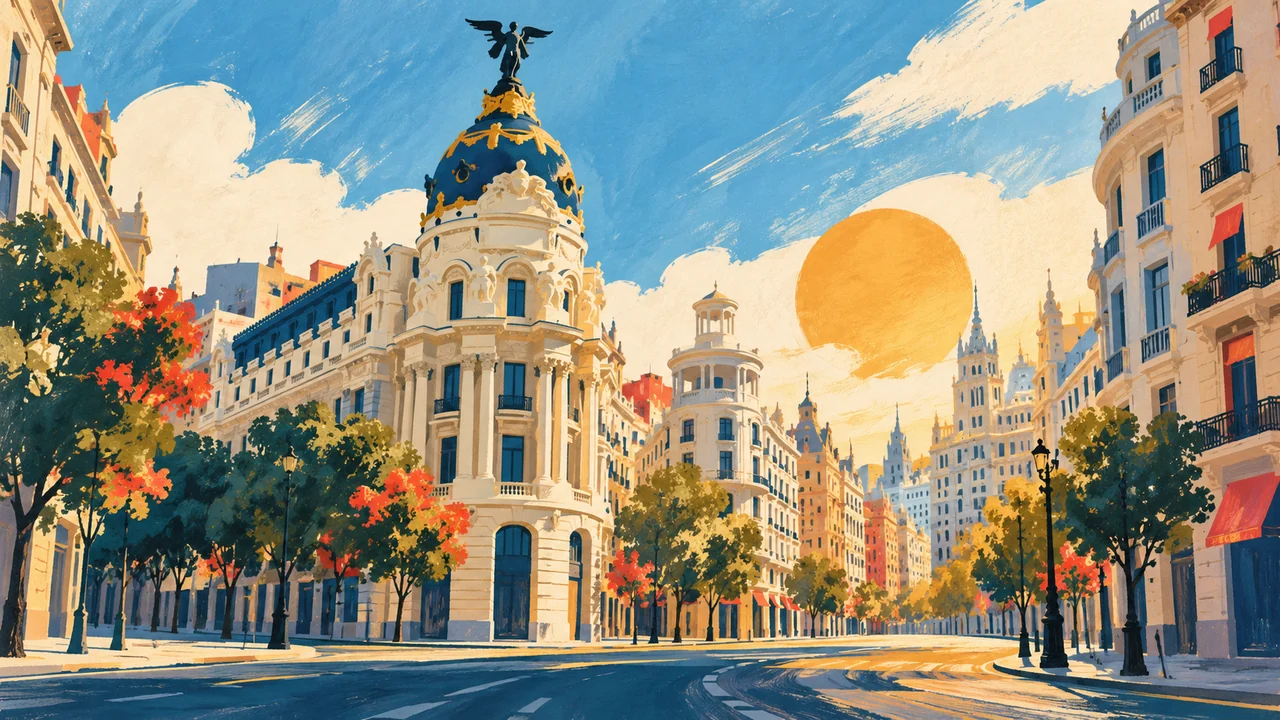 Ilustración de la Gran Vía de Madrid y el edificio Metrópolis.