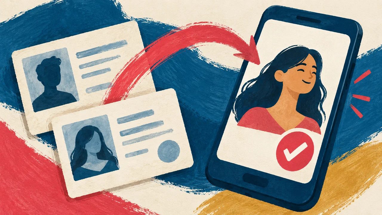 Ilustración de un teléfono con un perfil verificado y documentos de identidad.