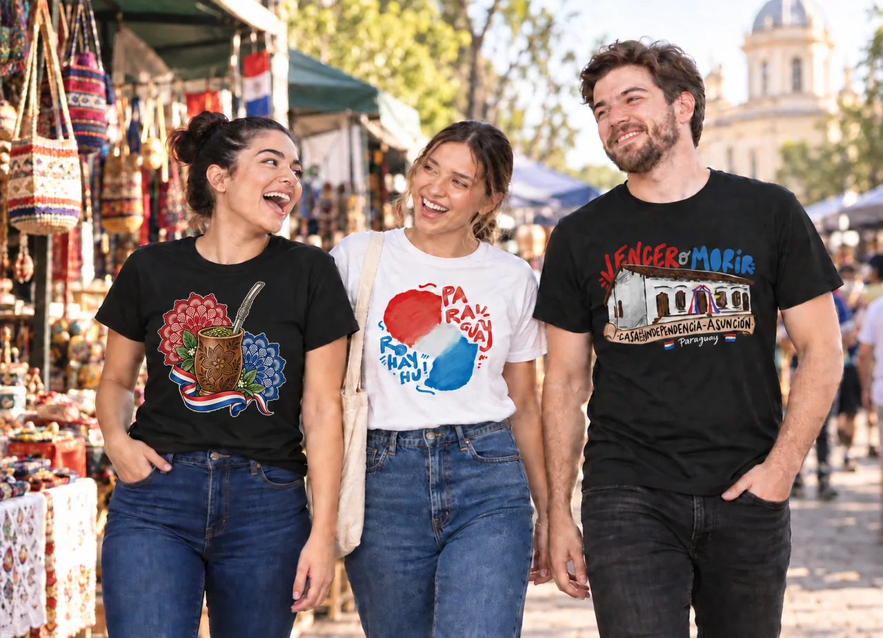 Tres amigos en un mercado con camisetas de Juky de diseño paraguayo