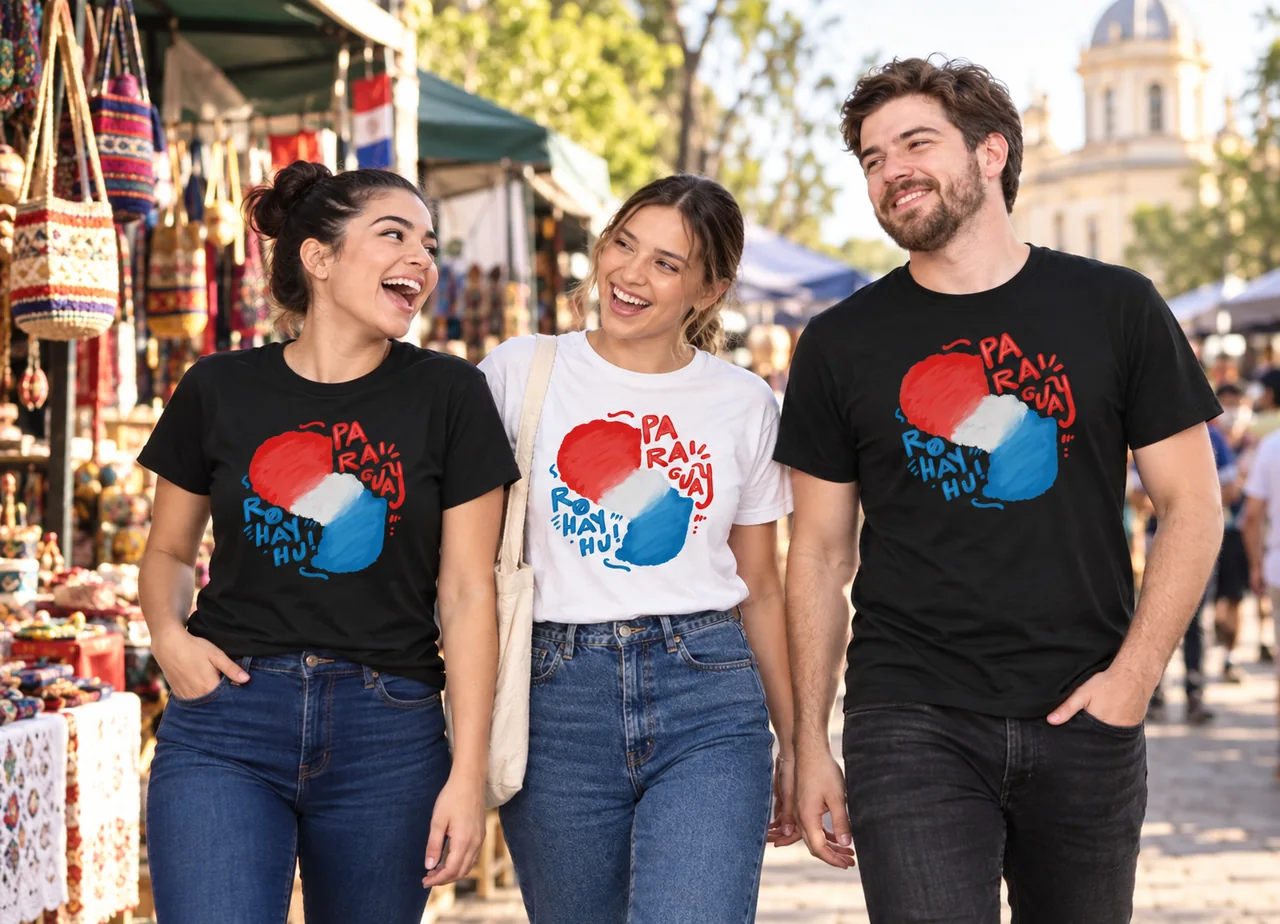 Tres amigos paseando por un mercado con camisetas Rohayhu Paraguay de Juky