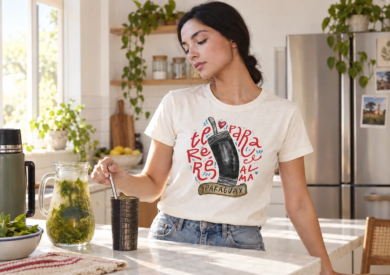 Mujer preparando tereré en la cocina con una camiseta Tereré para el alma de Juky