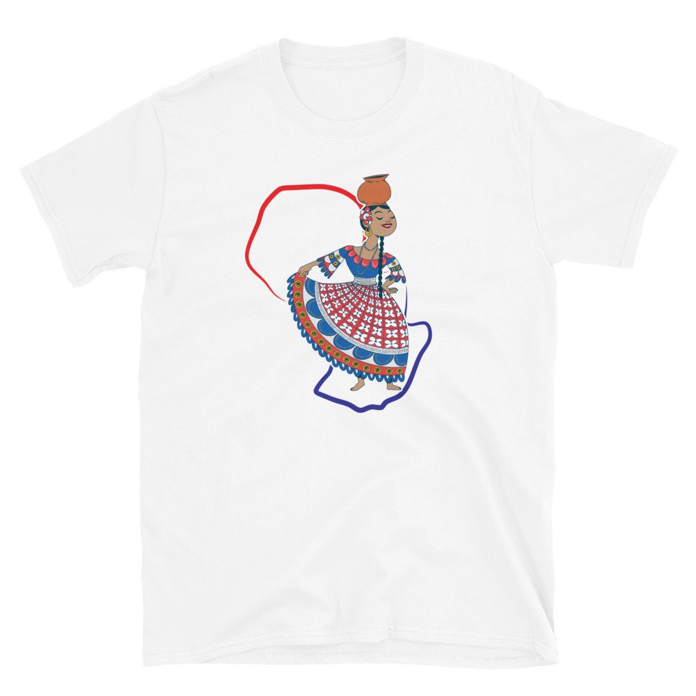 Camiseta blanca con una galopera ilustrada bailando con un cántaro en la cabeza