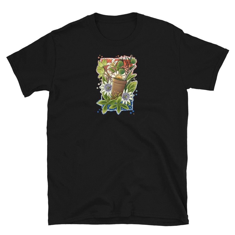 Camiseta negra con una guampa de tereré rodeada de yuyos, limones y flores de mburucuyá