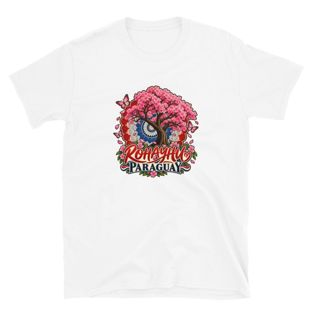 Camiseta blanca con un ñandutí, un árbol en flor y la palabra Rohayhu Paraguay