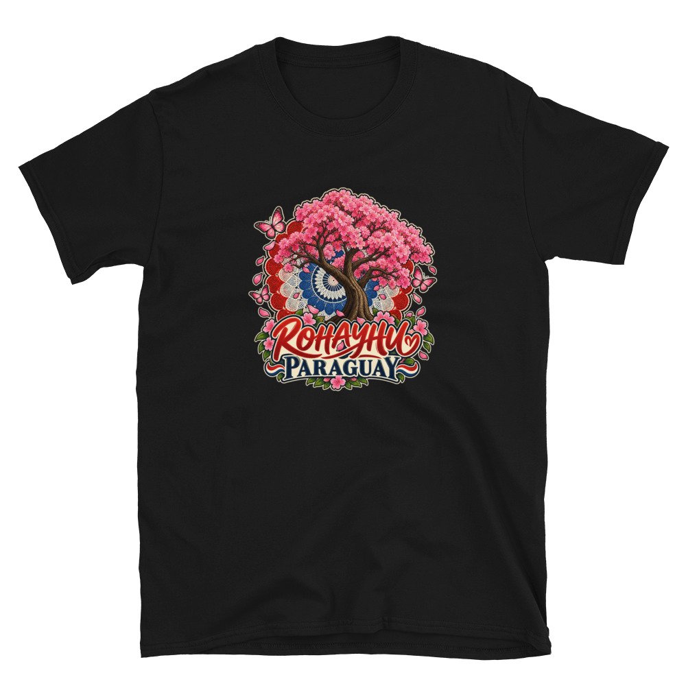 Camiseta negra con un ñandutí, un árbol en flor y la palabra Rohayhu Paraguay