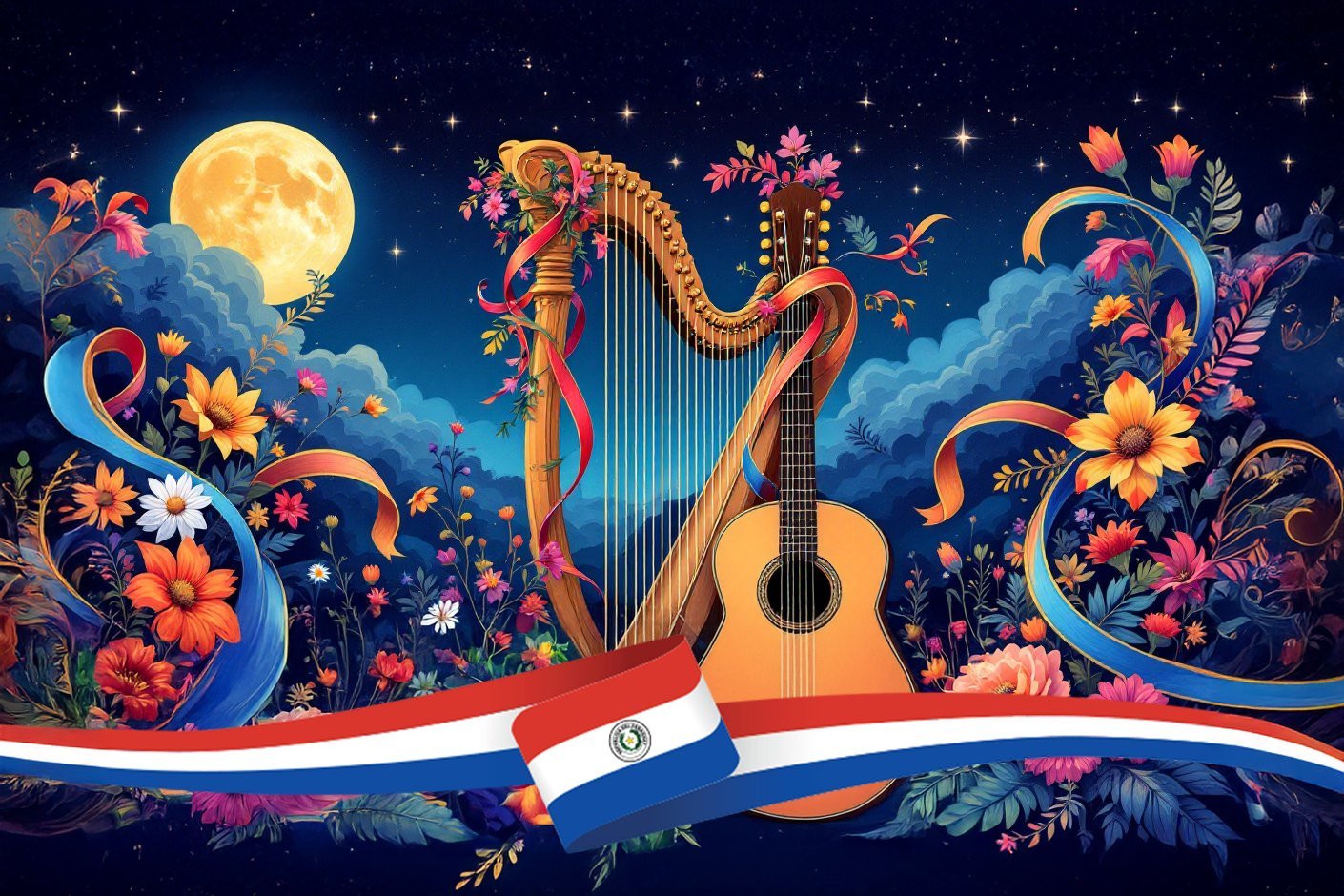 Ilustración de una arpa y una guitarra paraguayas con luna llena, flores y cinta con los colores de la bandera