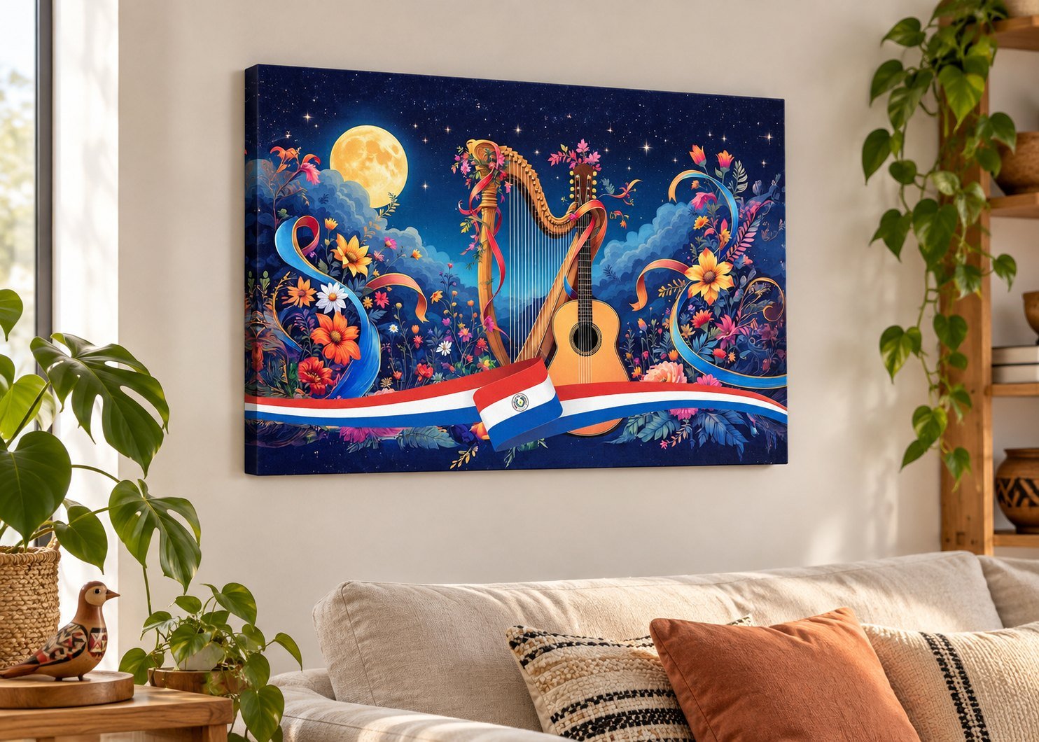 Cuadro de arpa y guitarra paraguaya en lienzo colgado sobre un sofá, decoración con identidad paraguaya