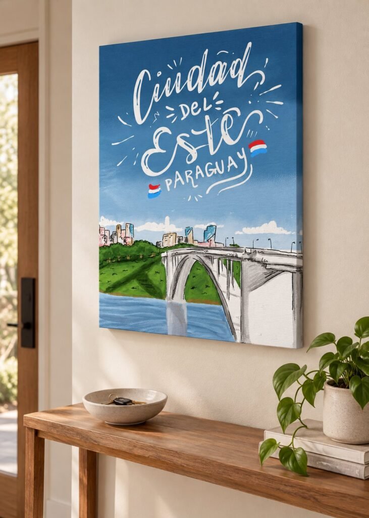 Cuadro vertical de Ciudad del Este, Paraguay, con el Puente de la Amistad, colgado sobre una consola de madera