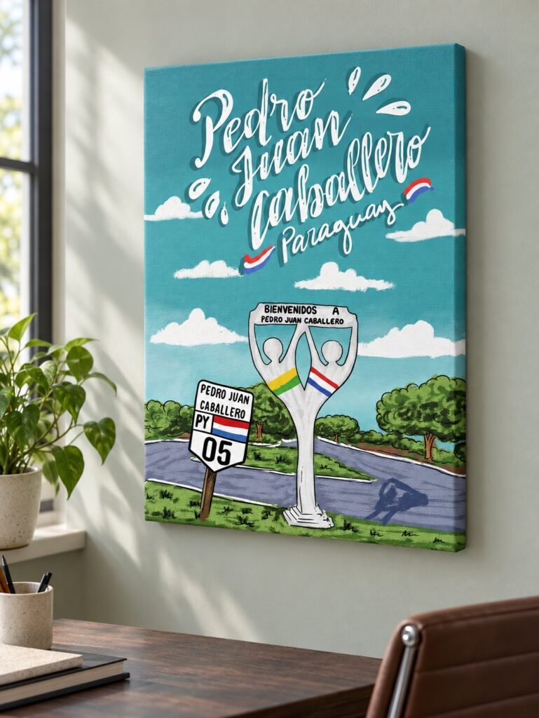 Cuadro vertical de Pedro Juan Caballero, Paraguay, con el monumento de bienvenida, colgado sobre un escritorio