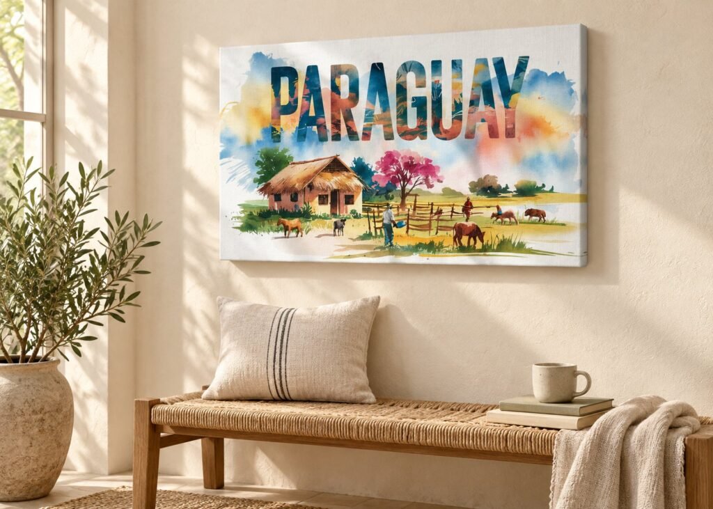 Cuadro acuarela con la palabra PARAGUAY y una casa de campo, en lienzo colgado sobre un banco de mimbre