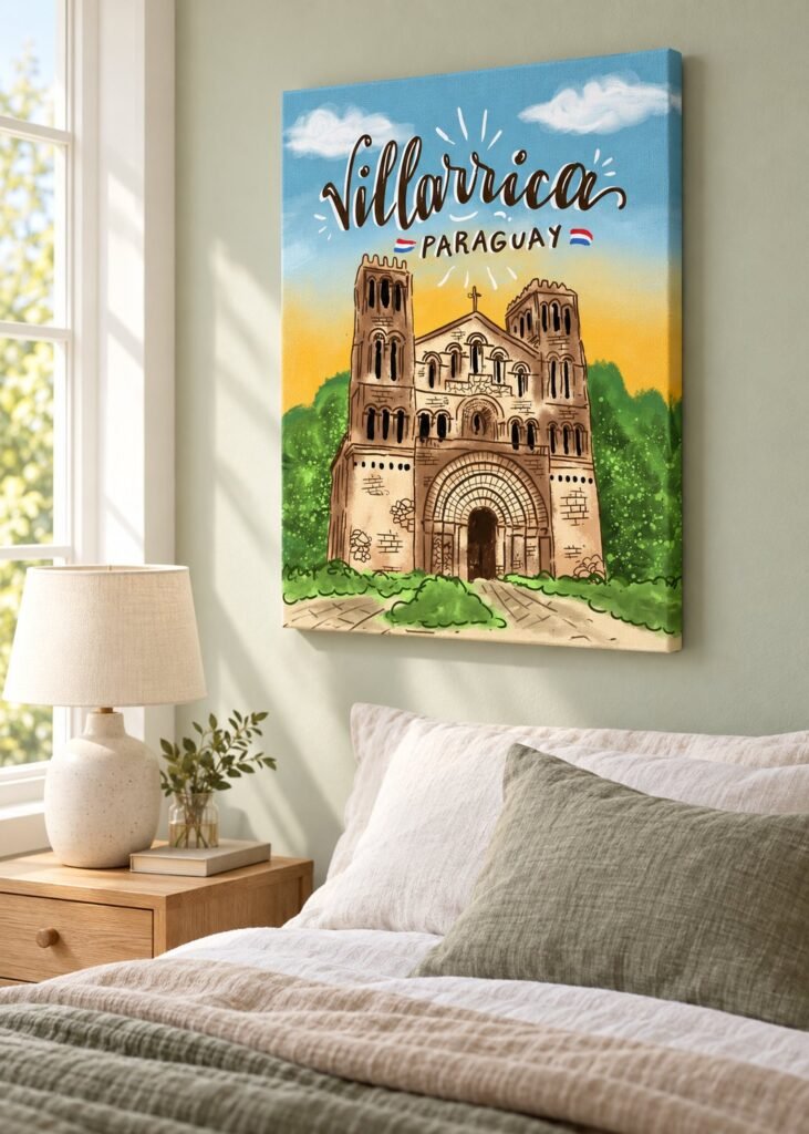 Cuadro vertical de Villarrica, Paraguay, con su iglesia al atardecer, colgado en un dormitorio