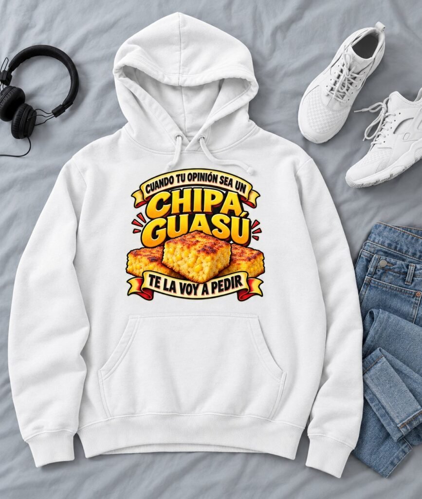 Sudadera con capucha blanca con un chipa guasú ilustrado y la frase cuando tu opinión sea un chipa guasú te la voy a pedir