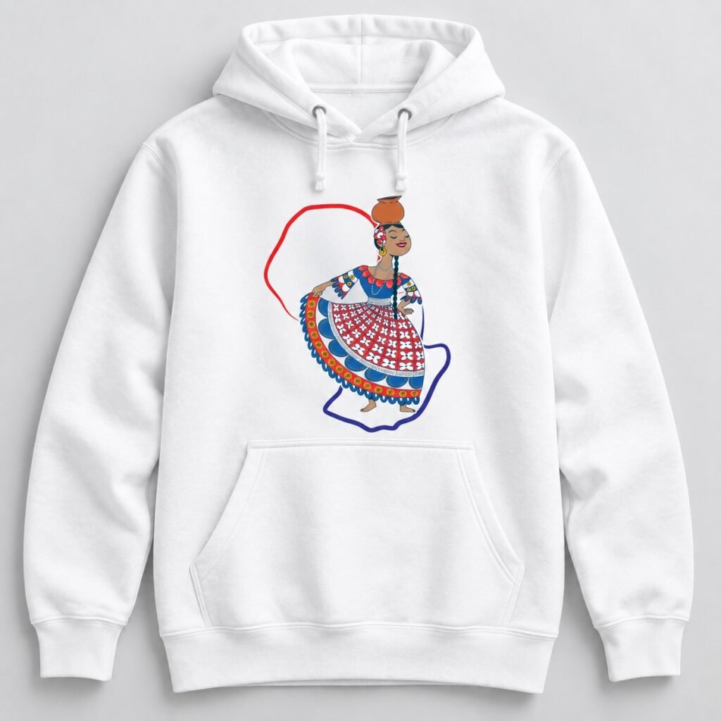 Sudadera con capucha blanca con una galopera paraguaya bailando con el cántaro y cintas de la bandera