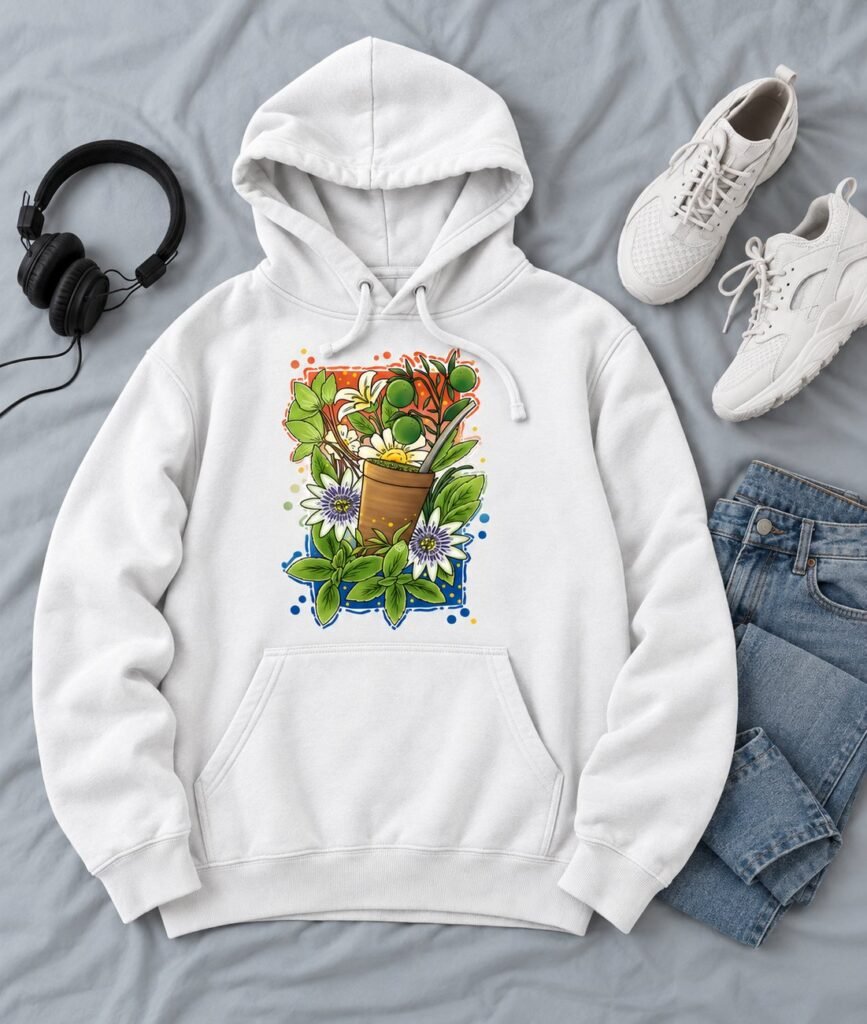 Sudadera con capucha blanca con una guampa de tereré rodeada de yuyos, limones y flores de mburucuyá