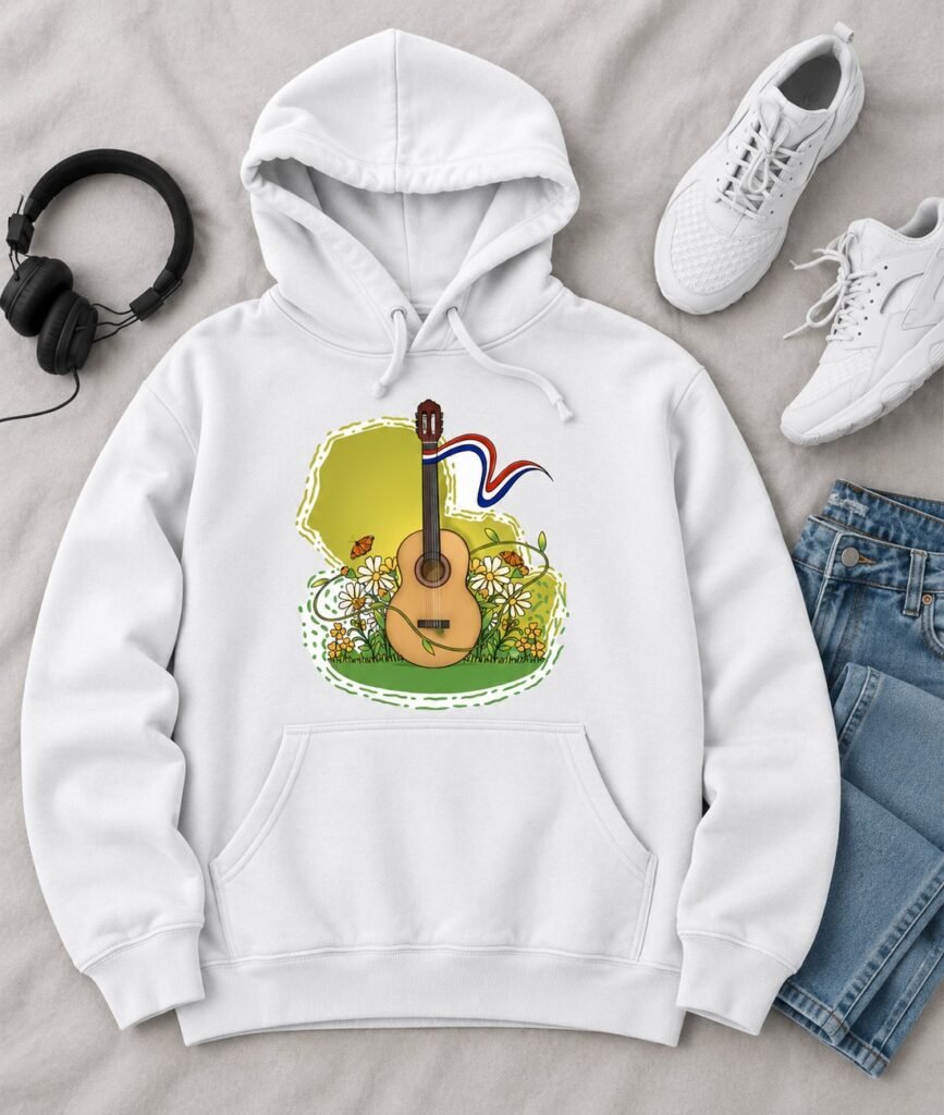 Sudadera con capucha blanca con una guitarra entre flores y una cinta con los colores de Paraguay