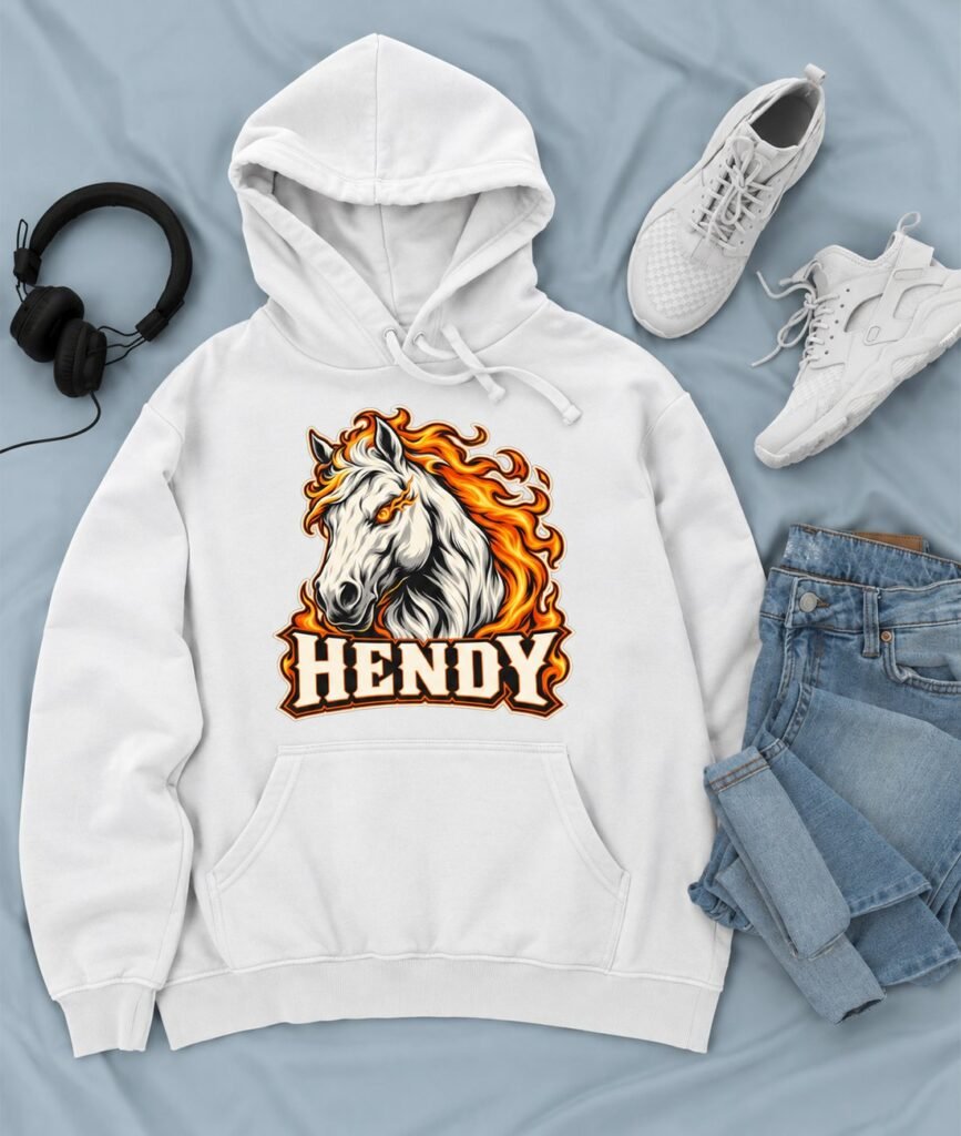 Sudadera con capucha blanca con un caballo en llamas y la palabra Hendy