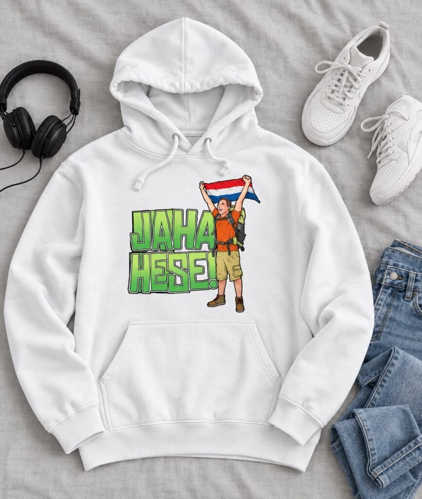 Sudadera con capucha blanca con un mochilero levantando la bandera de Paraguay y el texto Jaha hese