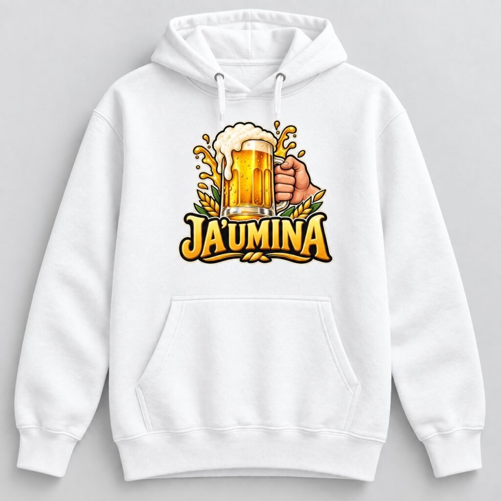 Sudadera con capucha blanca con una jarra de cerveza y la palabra Ja'umína