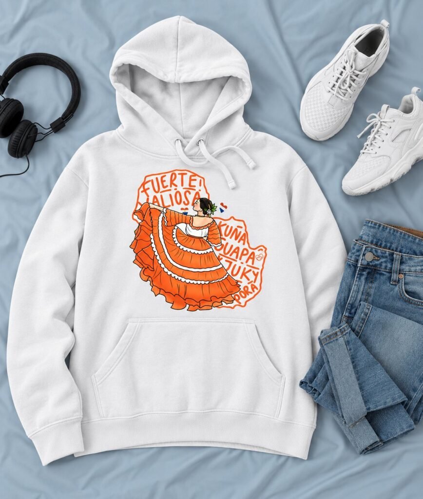 Sudadera con capucha blanca con una bailarina de falda naranja y las palabras fuerte, valiosa, kuña guapa