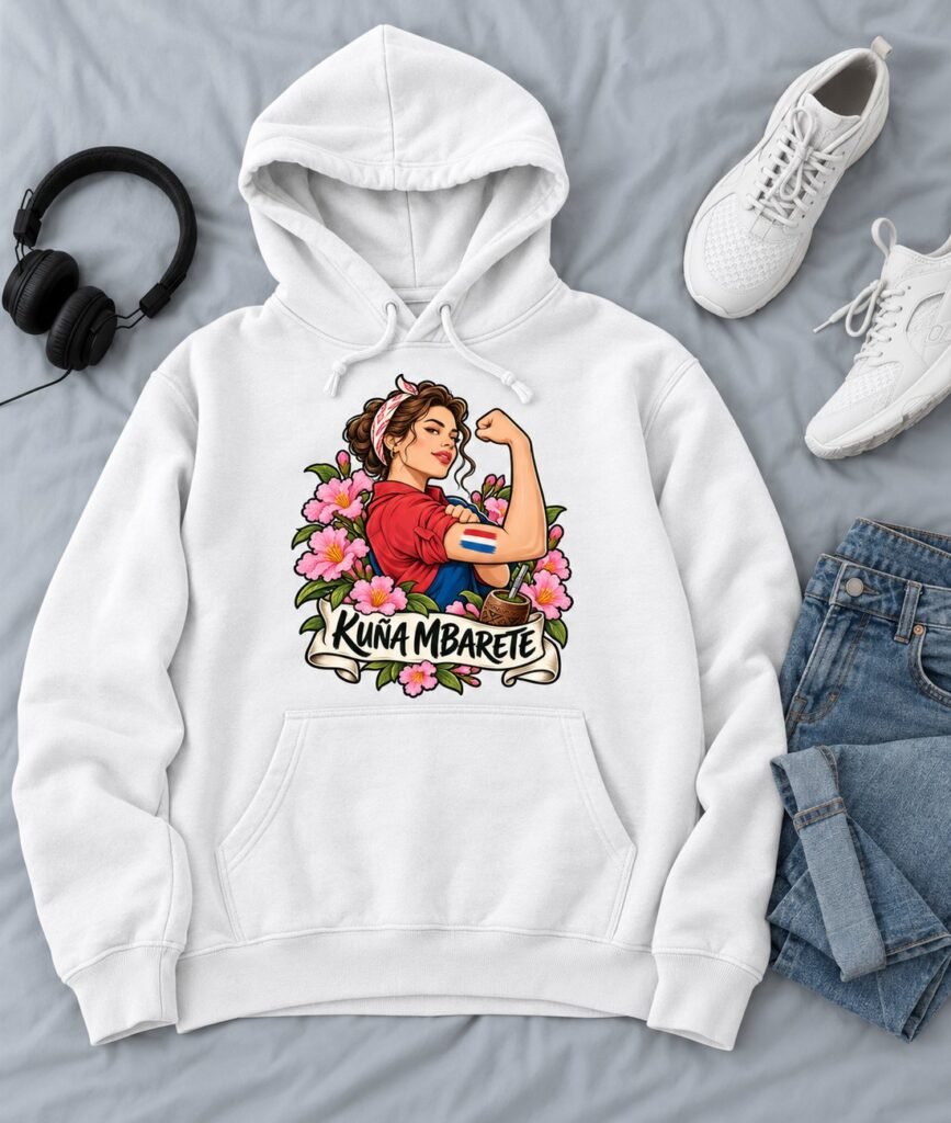 Sudadera con capucha blanca con una mujer sacando músculo, la bandera paraguaya en el brazo, flores y el texto Kuña Mbareté