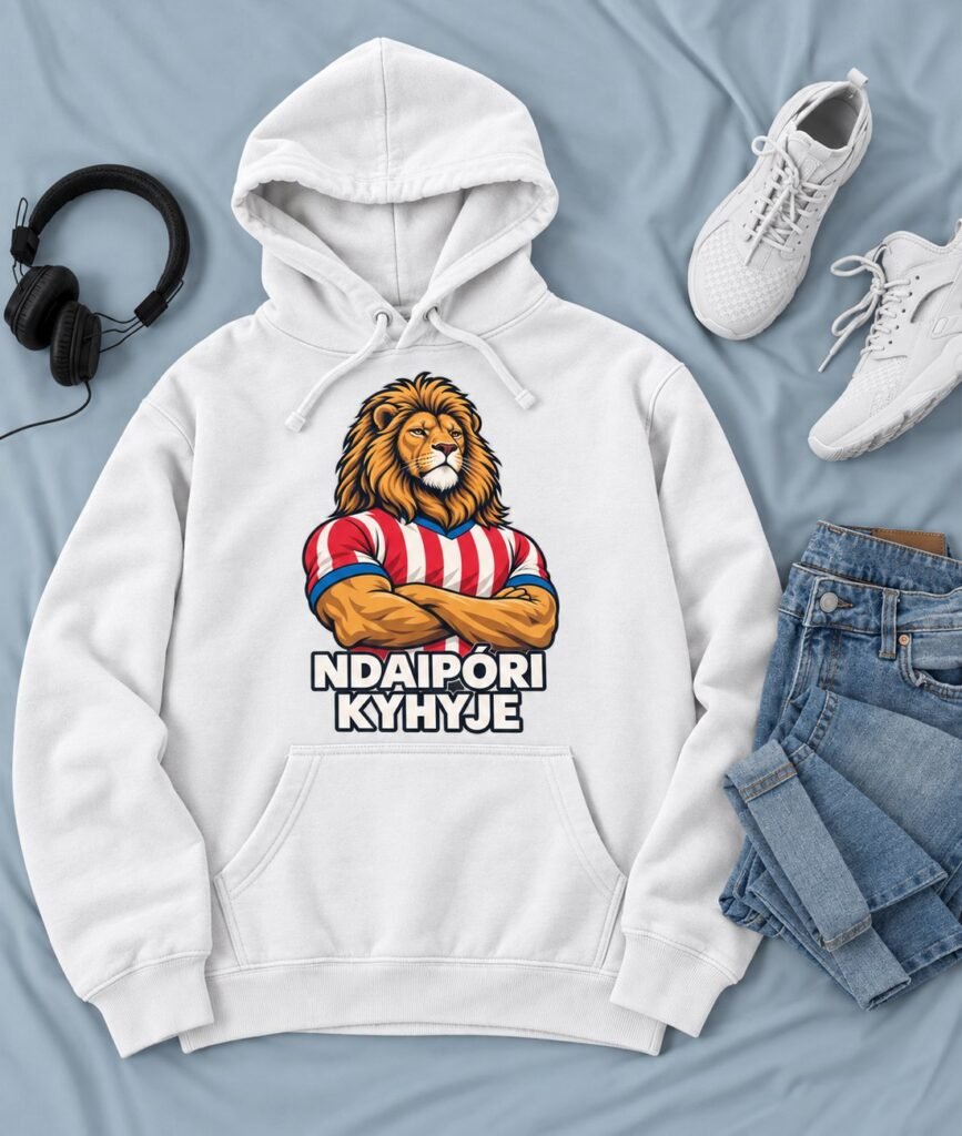 Sudadera con capucha blanca con un león con camiseta a rayas rojas y blancas y la frase Ndaipóri kyhyje