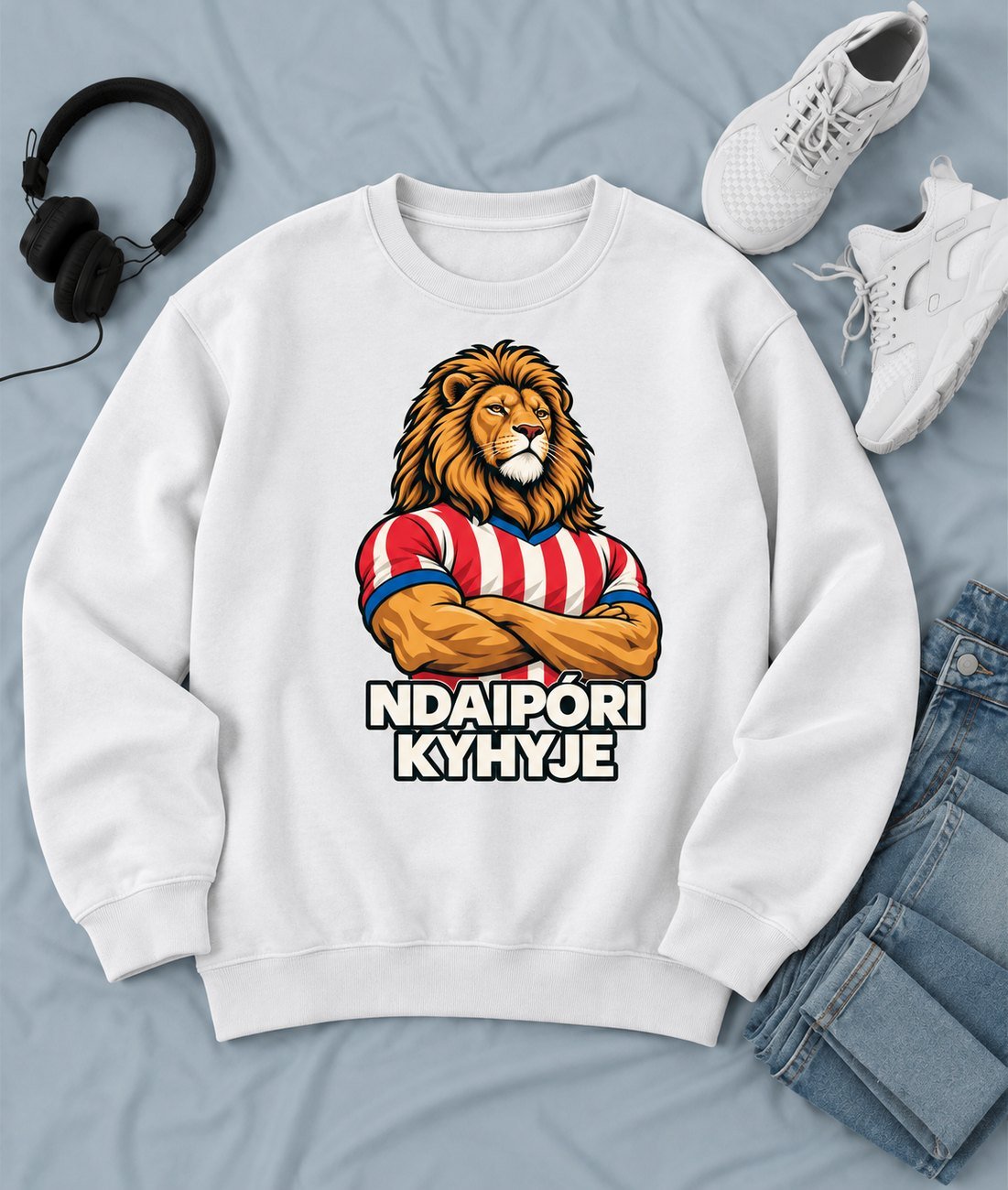 Sudadera sin capucha blanca con un león con camiseta a rayas rojas y blancas y la frase Ndaipóri kyhyje