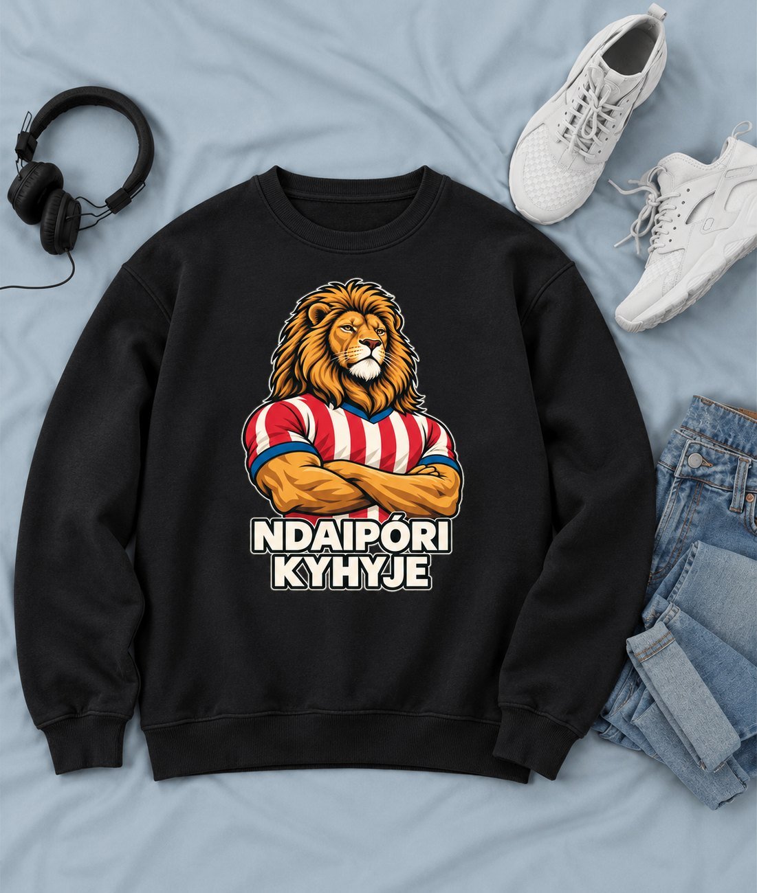 Sudadera sin capucha negra con un león con camiseta a rayas rojas y blancas y la frase Ndaipóri kyhyje