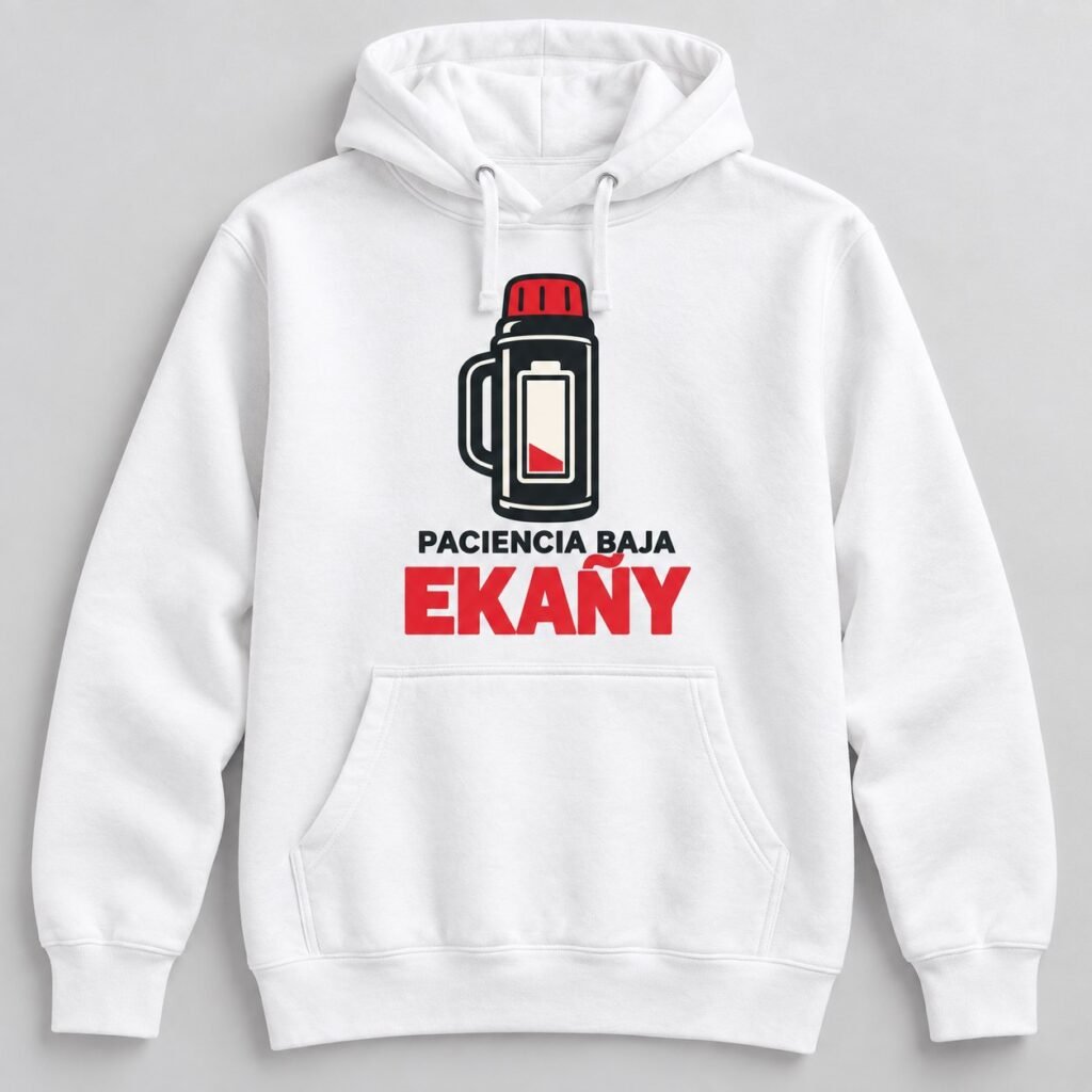 Sudadera con capucha blanca con un termo con la batería baja y el texto Paciencia baja ekañy