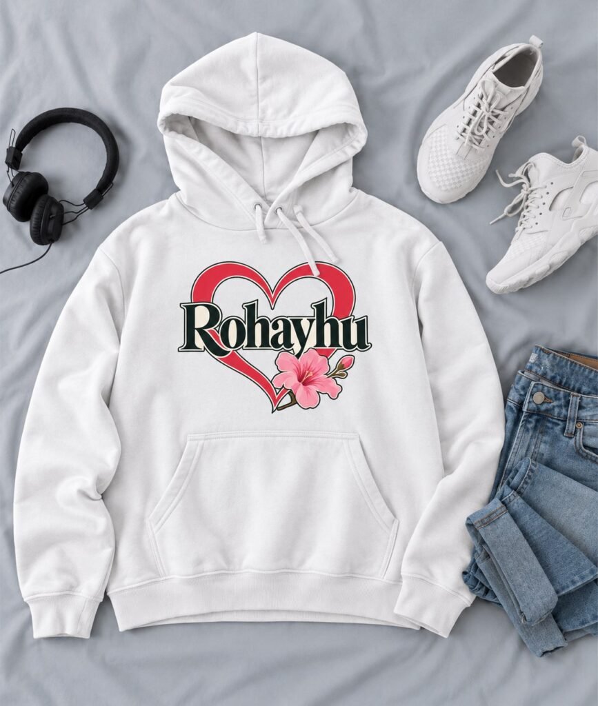 Sudadera con capucha blanca con la palabra Rohayhu dentro de un corazón rojo con flores rosadas