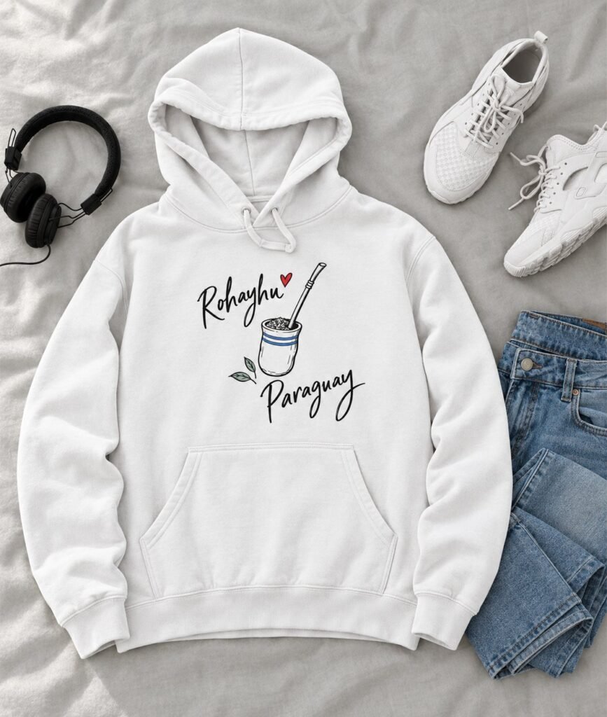 Sudadera con capucha blanca con una guampa dibujada a línea fina y el texto Rohayhu Paraguay