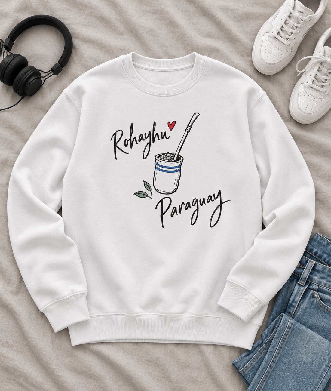 Sudadera sin capucha blanca con una guampa dibujada a línea fina y el texto Rohayhu Paraguay