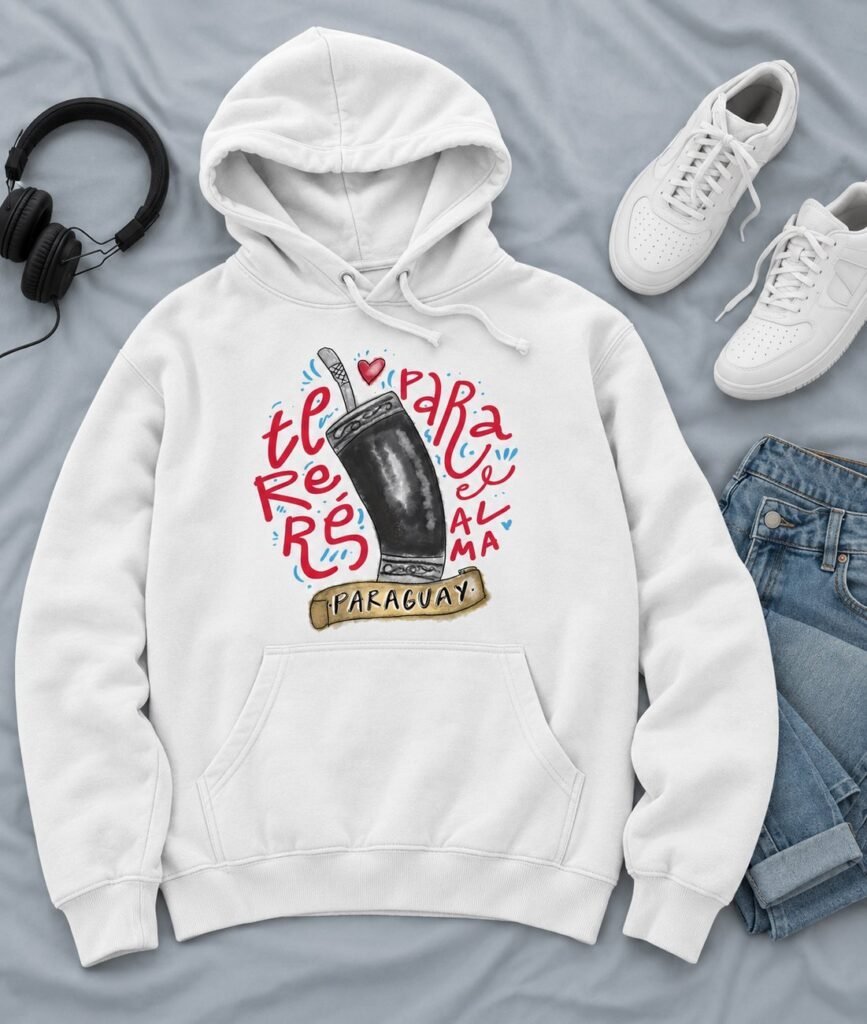 Sudadera con capucha blanca con una guampa de tereré ilustrada y la frase Tereré para el alma