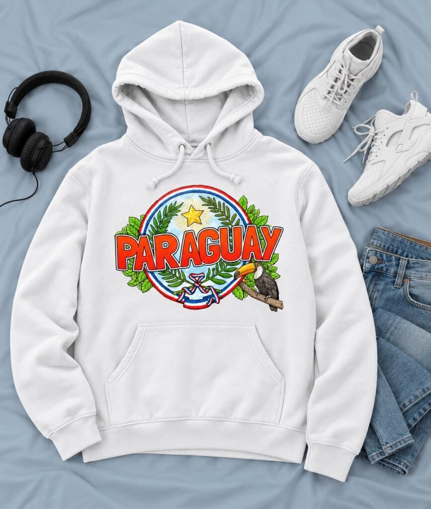 Sudadera con capucha blanca con el texto PARAGUAY, laureles, una estrella y un tucán