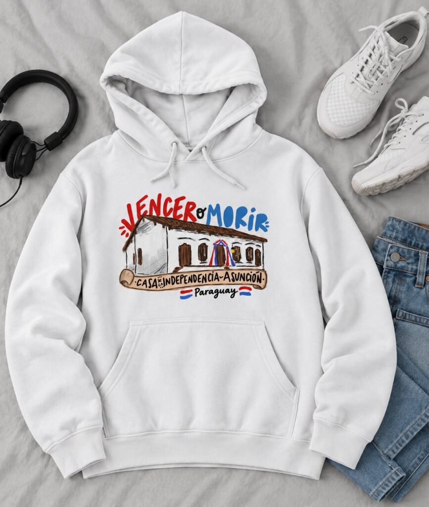 Sudadera con capucha blanca con la Casa de la Independencia de Asunción ilustrada y la frase Vencer o Morir