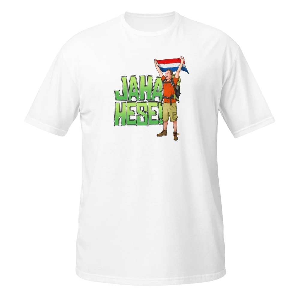 Camiseta blanca con un viajero levantando la bandera de Paraguay y la frase Jaha Hese