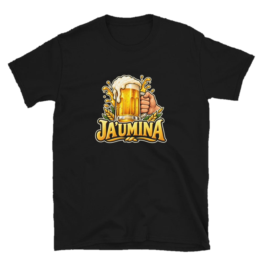 Camiseta negra con una jarra de cerveza y la palabra Ja'umína