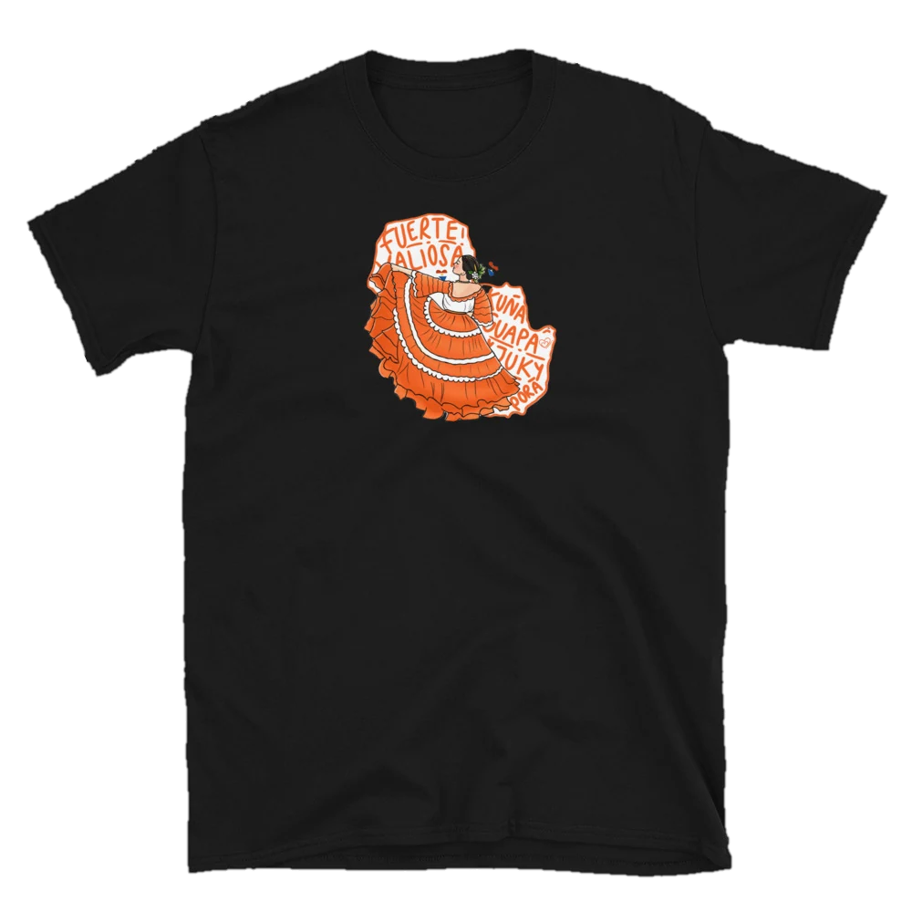 Camiseta negra con una bailarina paraguaya y las palabras Fuerte, valiosa, kuña guapa