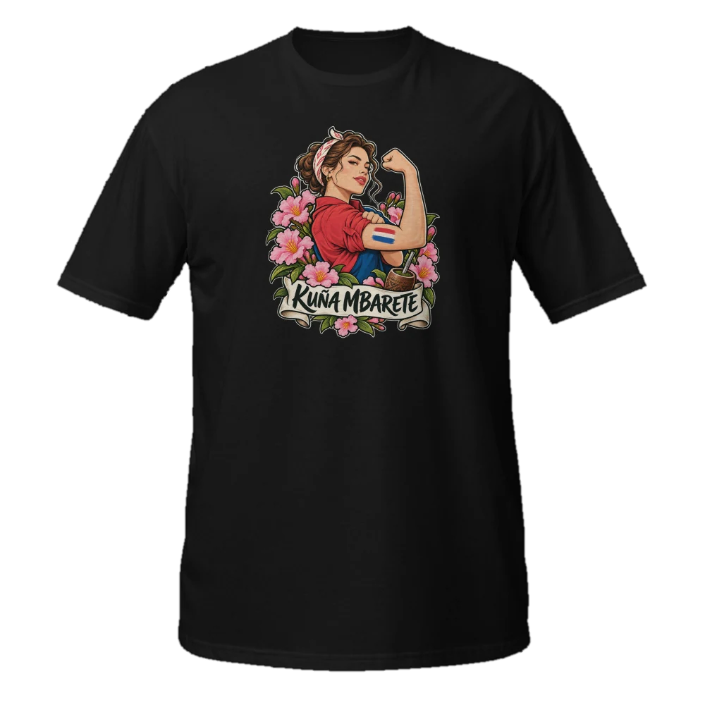Camiseta negra con una mujer mostrando el brazo con la bandera de Paraguay y la palabra Kuña Mbarete