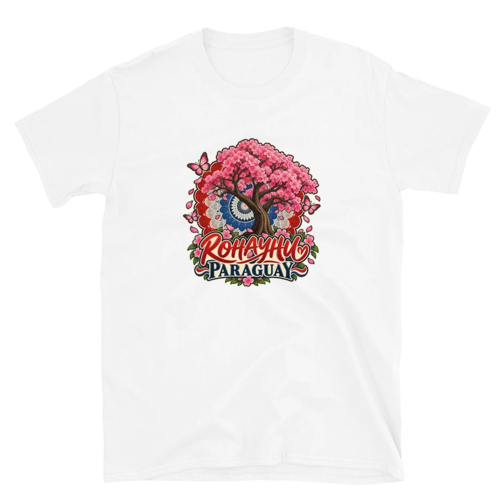 Camiseta blanca con un ñandutí, un árbol en flor y la palabra Rohayhu Paraguay