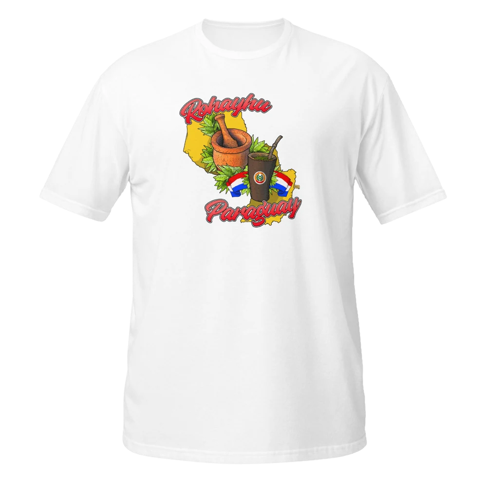 Camiseta blanca con un mortero de yerba, una guampa y la frase Rohayhu Paraguay