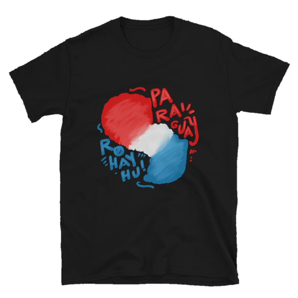 Camiseta negra con un corazón en rojo, blanco y azul y las palabras Rohayhu Paraguay