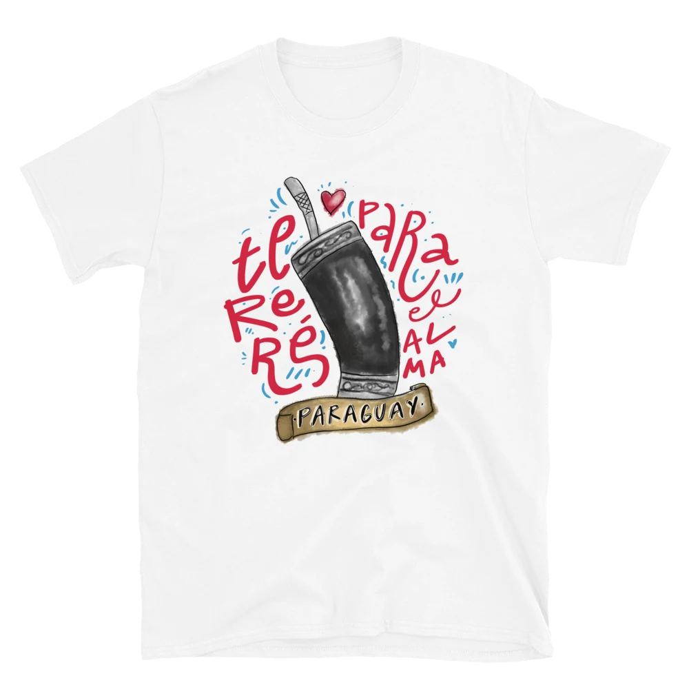 Camiseta blanca con una guampa de tereré ilustrada y la frase Tereré para el alma
