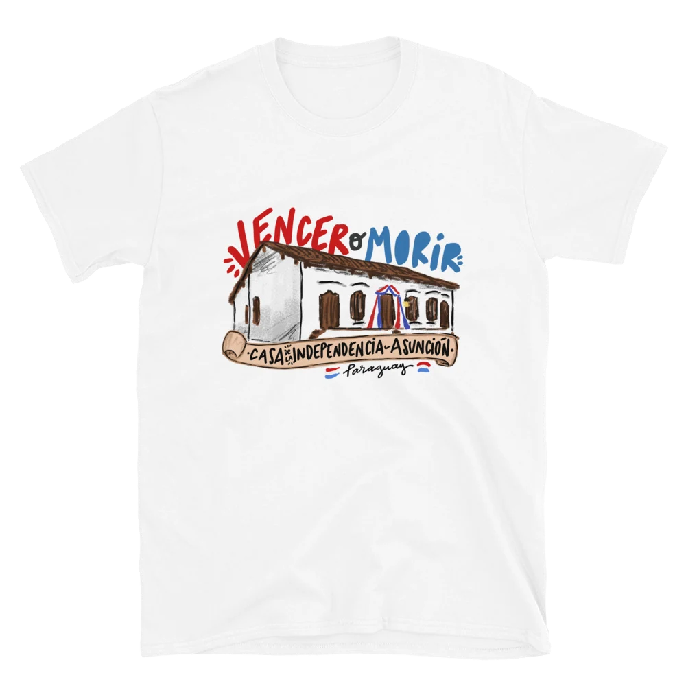 Camiseta blanca con la Casa de la Independencia de Asunción ilustrada y el lema Vencer o Morir